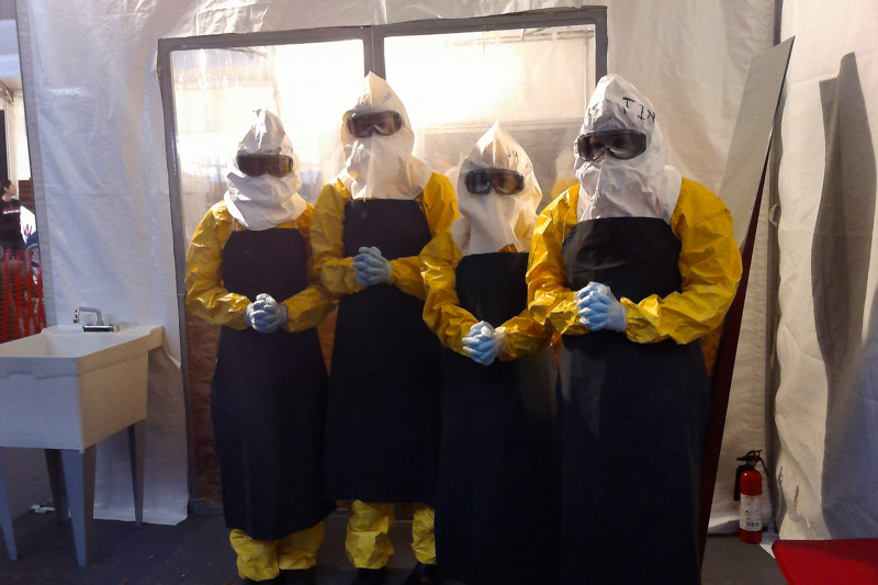 The author suits up at the replica ebola treatment unit.